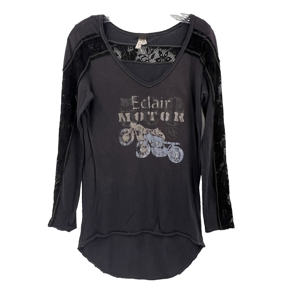 WE THE FREE Women's XS Gray w/ Lace Accent Long-Sleeve V-Neck ECLAIR MOTOR Shirt